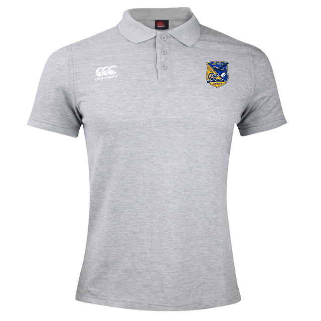 The Gulf Coast Fat Alberts Waimak Polo by EMB Canterbury is a light grey rugby polo featuring the Canterbury logo on the right chest and a blue and yellow embroidered badge on the left.