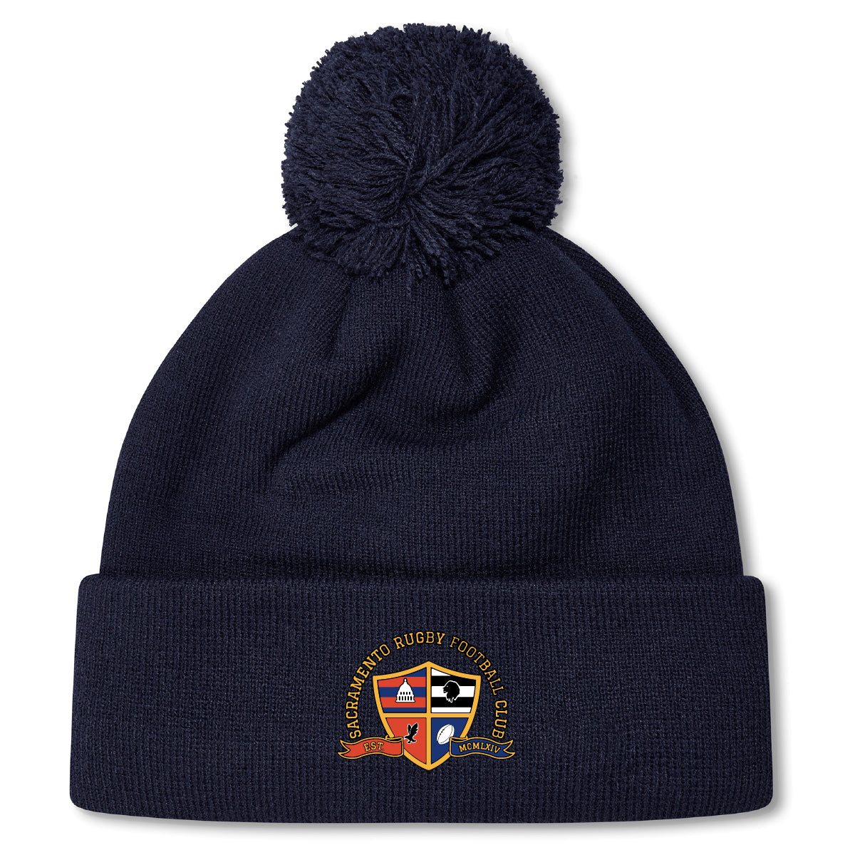 Stay warm on chilly days with the Sacramento Rugby Football Club Pom Pom Beanie by EMB Canterbury, featuring navy blue fleece lining, a pom-pom top, and the SRCF crest embroidered on the front.