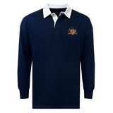 The EMB Mudoo Sacramento Rugby Football Club Classic Long Sleeve Solid Rugby Jersey features a navy blue design, white collar, and an embroidered club crest on the left chest.