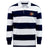 The EMB Mudoo Sacramento Rugby Football Club Classic Long Sleeve Hooped Rugby Jersey features navy blue and white stripes, a crisp white collar, long sleeves, and a crest logo on the chest for a timeless vintage look.
