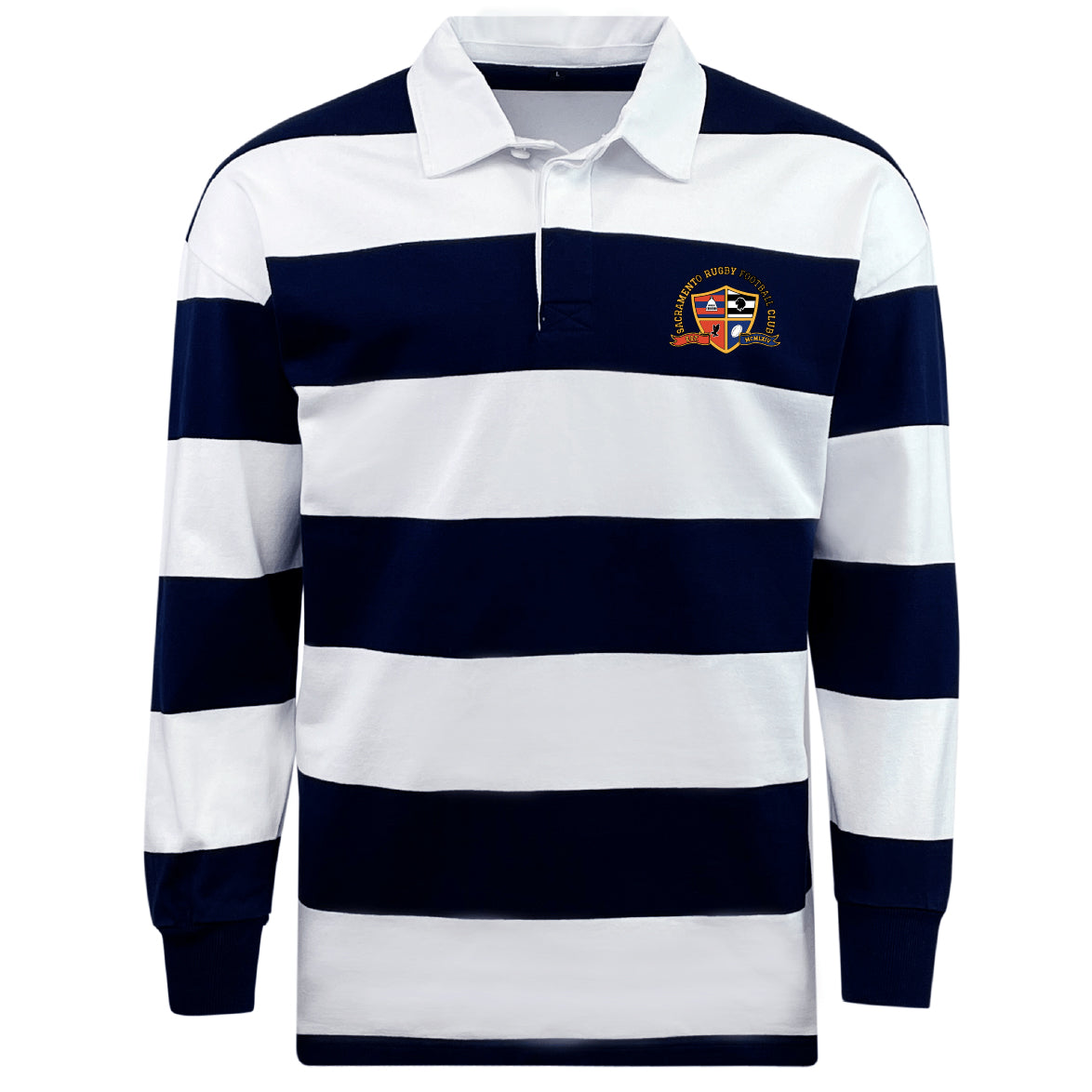 The EMB Mudoo Sacramento Rugby Football Club Classic Long Sleeve Hooped Rugby Jersey features navy blue and white stripes, a crisp white collar, long sleeves, and a crest logo on the chest for a timeless vintage look.
