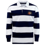 The EMB Mudoo Sacramento Rugby Football Club Classic Long Sleeve Hooped Rugby Jersey features navy blue and white stripes, a crisp white collar, long sleeves, and a crest logo on the chest for a timeless vintage look.