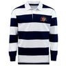The EMB Mudoo Sacramento Rugby Football Club Classic Long Sleeve Hooped Rugby Jersey features navy blue and white stripes, a crisp white collar, long sleeves, and a crest logo on the chest for a timeless vintage look.