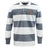The EMB Mudoo Sacramento Rugby Football Club Classic Long Sleeve Hooped Rugby Jersey features wide white and gray stripes, a white collar, a crest on the left chest, and vintage-inspired style for timeless appeal.