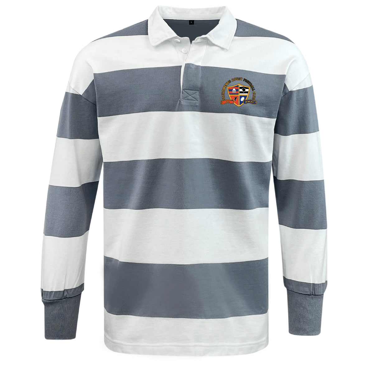 The EMB Mudoo Sacramento Rugby Football Club Classic Long Sleeve Hooped Rugby Jersey features wide white and gray stripes, a white collar, a crest on the left chest, and vintage-inspired style for timeless appeal.