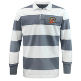 The EMB Mudoo Sacramento Rugby Football Club Classic Long Sleeve Hooped Rugby Jersey features wide white and gray stripes, a white collar, a crest on the left chest, and vintage-inspired style for timeless appeal.