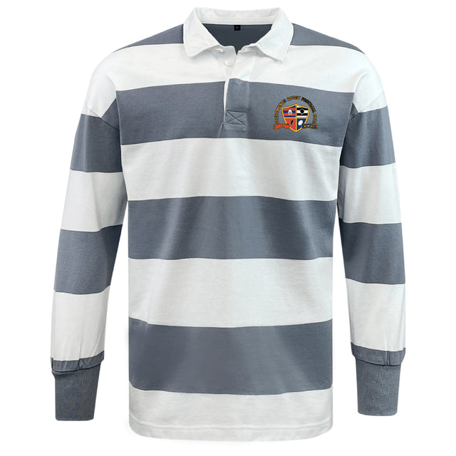 The EMB Mudoo Sacramento Rugby Football Club Classic Long Sleeve Hooped Rugby Jersey features wide white and gray stripes, a white collar, a crest on the left chest, and vintage-inspired style for timeless appeal.