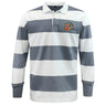 The EMB Mudoo Sacramento Rugby Football Club Classic Long Sleeve Hooped Rugby Jersey features wide white and gray stripes, a white collar, a crest on the left chest, and vintage-inspired style for timeless appeal.