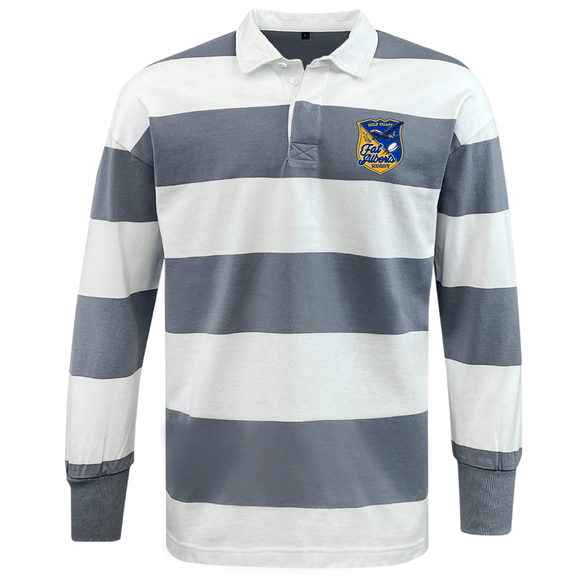 The EMB Mudoo Gulf Coast Fat Alberts Classic Long Sleeve Hooped Rugby Jersey features wide gray and white stripes and a club-style crest on the left chest, delivering timeless athletic style.