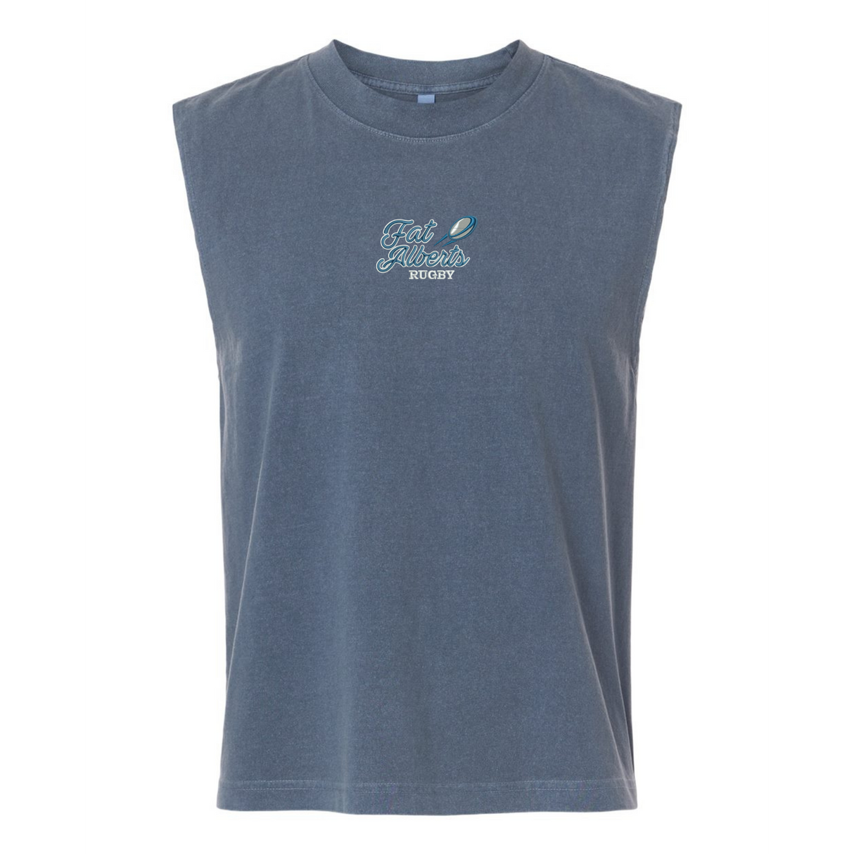 The EMB S&S Activewear Gulf Coast Fat Alberts Rugby Unisex Muscle Tee features a blue-gray sleeveless design with "Fats Distro Rugby" and a rugby ball on the chest, made from soft heavyweight cotton for comfort.