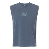 The EMB S&S Activewear Gulf Coast Fat Alberts Rugby Unisex Muscle Tee features a blue-gray sleeveless design with "Fats Distro Rugby" and a rugby ball on the chest, made from soft heavyweight cotton for comfort.