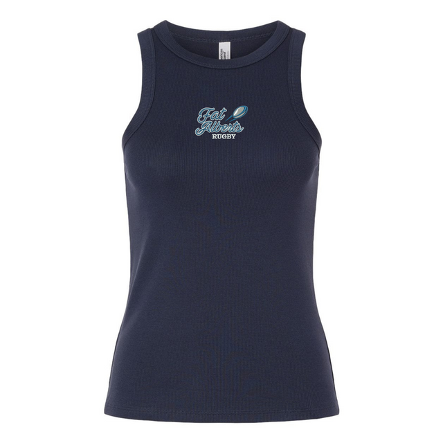 Show your Gulf Coast Fat Alberts pride in this navy women's baby rib tank by EMB S&S Activewear, featuring "Eat. Sleep. Rugby." and a rugby ball graphic in light blue and white on the chest.