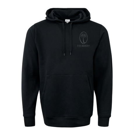 The Fiji Tonal 60/40 Fleece Pullover Hoodie by EMB Augusta is a black hooded sweatshirt with a front pocket and drawstring hood. This athletic fleece features a small palm tree and the text "Fiji Rugby" on the upper left chest area, making it perfect for any fan.