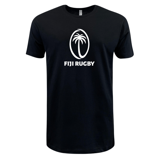 A lightweight black WRS LAT Fiji Rugby Supersoft T-shirt that proudly displays the words "Fiji Rugby".