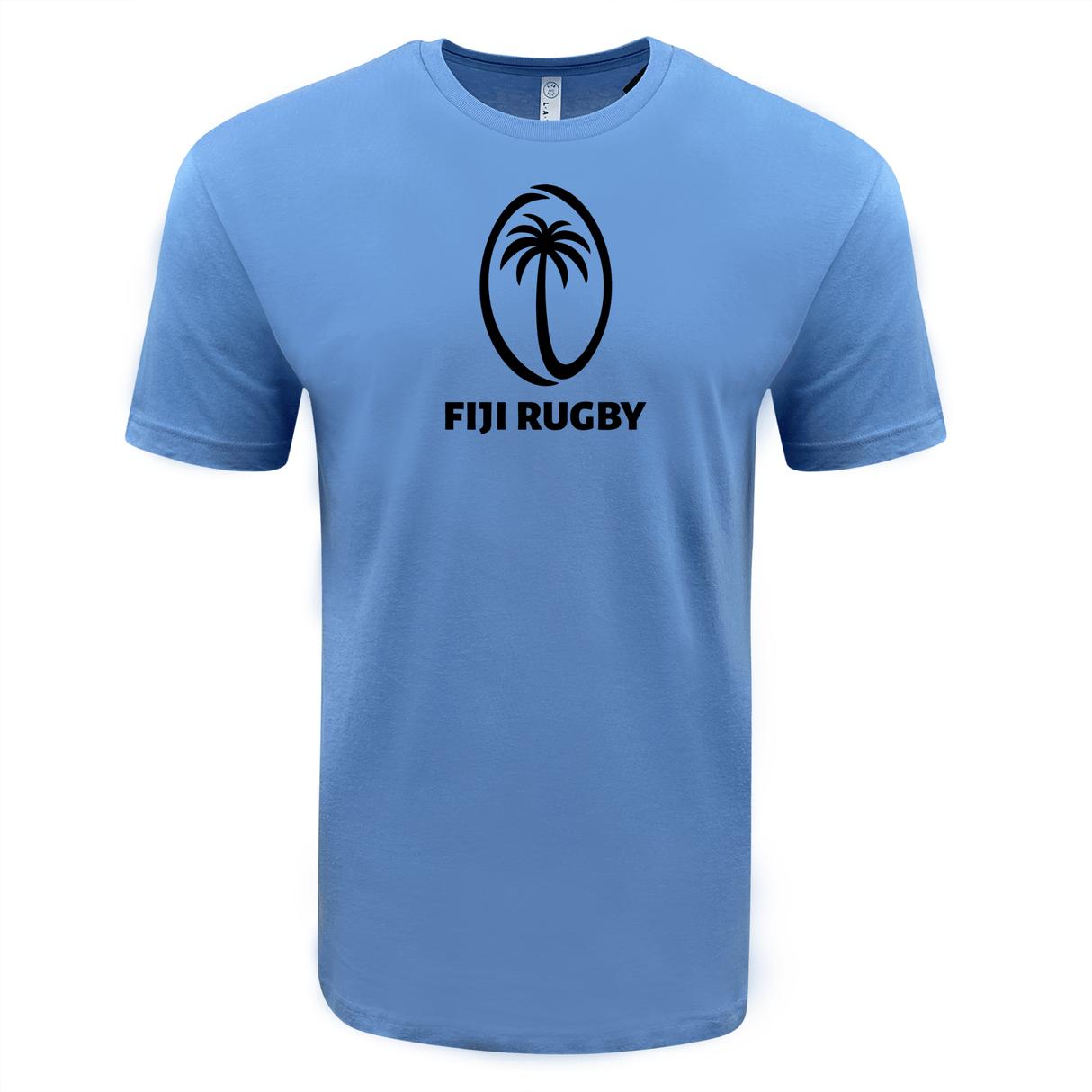 A lightweight, WRS LAT Fiji Rugby Supersoft T-shirt in light blue with the words Fiji Rugby printed on it.