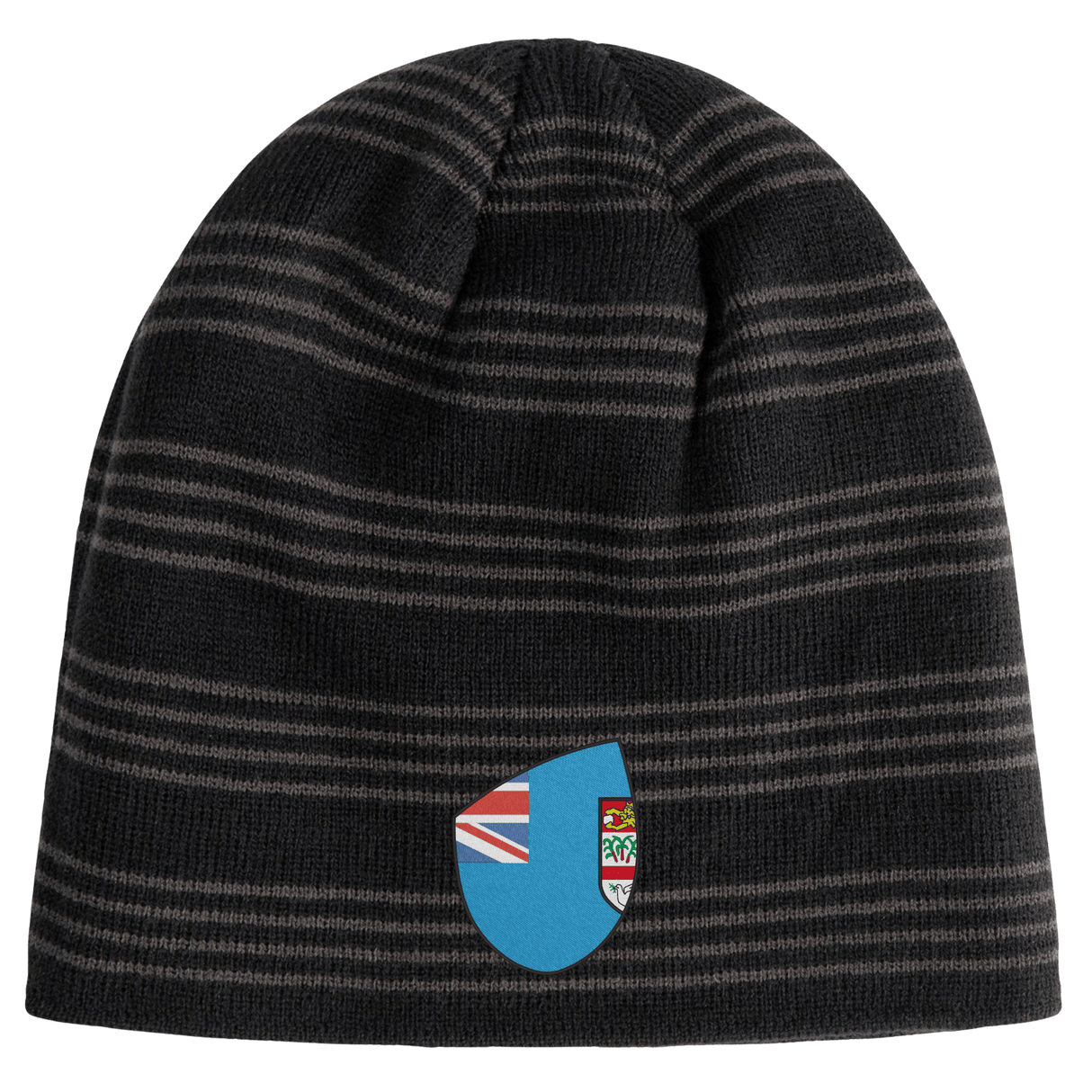 The EMB Canterbury Fiji Shield Beanie is black and gray with stripes, a blue background, emblem of the Fiji shield, and flags.
