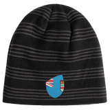 The EMB Canterbury Fiji Shield Beanie is black and gray with stripes, a blue background, emblem of the Fiji shield, and flags.