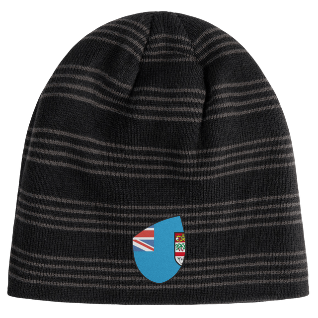 The EMB Canterbury Fiji Shield Beanie is black and gray with stripes, a blue background, emblem of the Fiji shield, and flags.