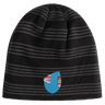 The EMB Canterbury Fiji Shield Beanie is black and gray with stripes, a blue background, emblem of the Fiji shield, and flags.