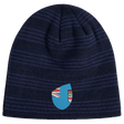 The EMB Canterbury Fiji Shield Beanie is a fashionable accessory featuring navy and black stripes with a partial flag crest design.