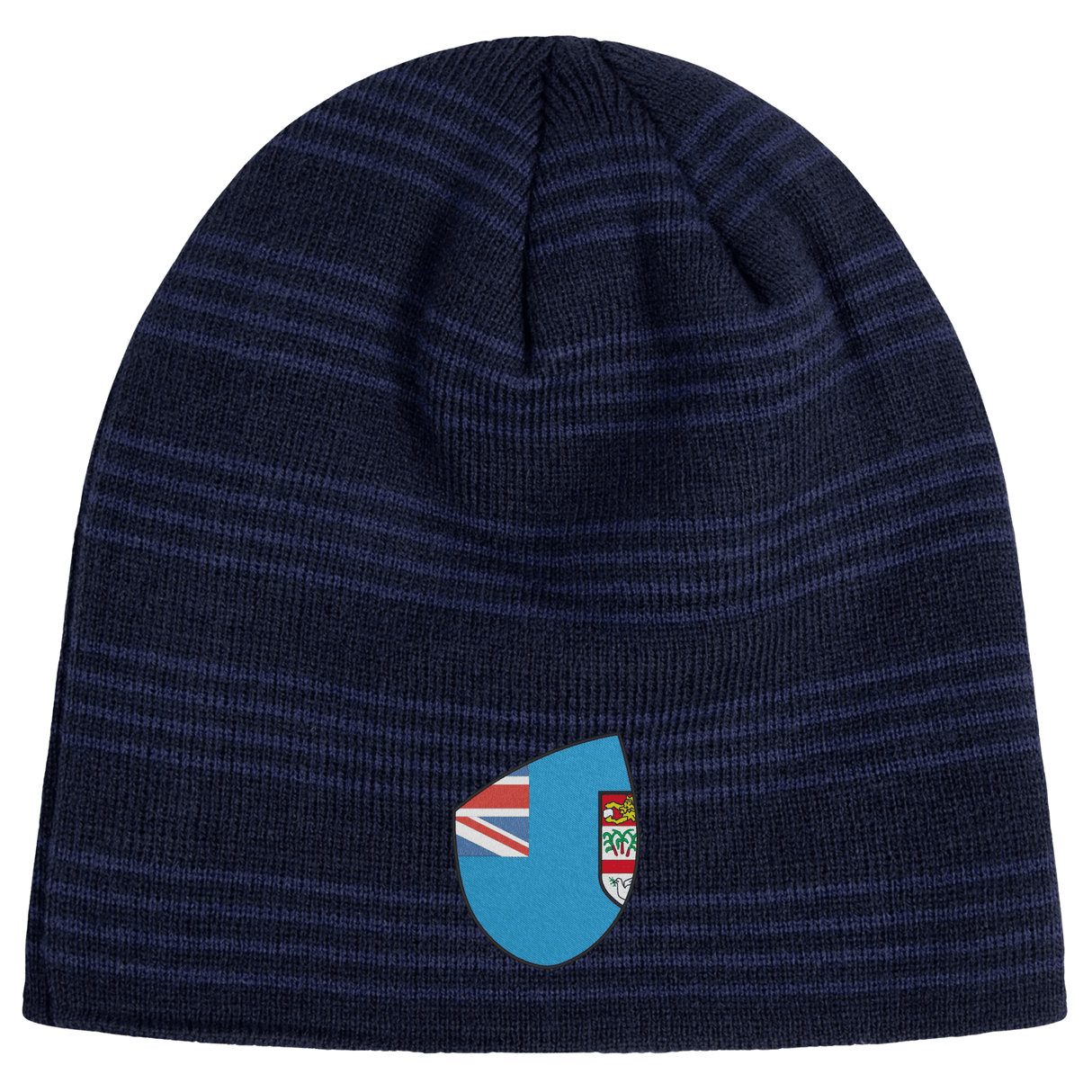 The EMB Canterbury Fiji Shield Beanie is a fashionable accessory featuring navy and black stripes with a partial flag crest design.