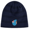 The EMB Canterbury Fiji Shield Beanie is a fashionable accessory featuring navy and black stripes with a partial flag crest design.