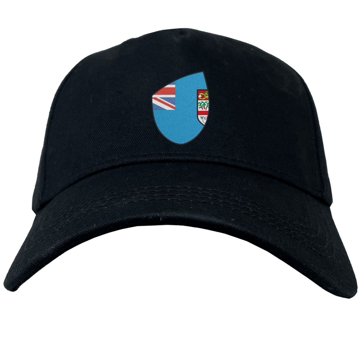 Introducing the Fiji Shield Flex Drill Cap by EMB Canterbury: a sleek black baseball cap featuring a unique patch with the iconic Fiji Shield.