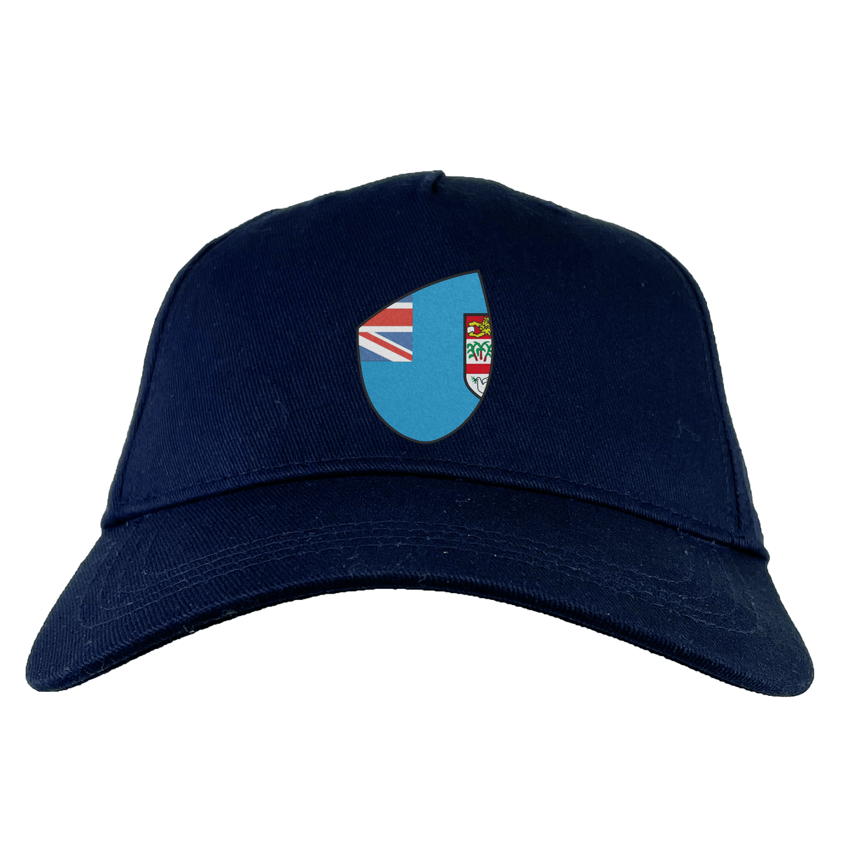 A Fiji Shield Flex Drill Cap by EMB Canterbury, in navy blue, showcases a shield logo with the Union Jack, a coat of arms, and the Fiji Shield.