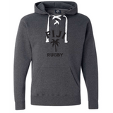 A warm gray Nations of Rugby Fiji Rugby Hockey Hoodie featuring the words "Fiji Rugby" to support the team by WRS Alpha Broder.