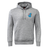 The Fiji Shield Club Hoodie by EMB Canterbury is a gray hooded sweatshirt with sleeve branding, a front pocket, and a colorful emblem on the upper left, crafted from premium sweatshirt fleece for enhanced comfort and style.