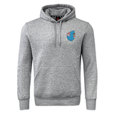 The Fiji Shield Club Hoodie by EMB Canterbury is a gray hooded sweatshirt with sleeve branding, a front pocket, and a colorful emblem on the upper left, crafted from premium sweatshirt fleece for enhanced comfort and style.
