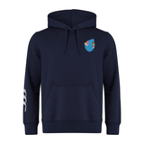 EMB Canterbury's Fiji Shield Club Hoodie in navy blue boasts a flag emblem on the chest, Canterbury sleeve branding with three white stripes, and is crafted from premium sweatshirt fleece for ultimate comfort.