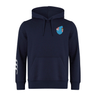EMB Canterbury's Fiji Shield Club Hoodie in navy blue boasts a flag emblem on the chest, Canterbury sleeve branding with three white stripes, and is crafted from premium sweatshirt fleece for ultimate comfort.