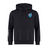 The Fiji Shield Club Hoodie by EMB Canterbury boasts a black design featuring a blue shield with flag elements on the chest. Made from premium sweatshirt fleece, it showcases the Canterbury sleeve branding of three white curved lines on the right sleeve.