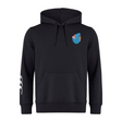 The Fiji Shield Club Hoodie by EMB Canterbury boasts a black design featuring a blue shield with flag elements on the chest. Made from premium sweatshirt fleece, it showcases the Canterbury sleeve branding of three white curved lines on the right sleeve.