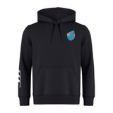 The Fiji Shield Club Hoodie by EMB Canterbury boasts a black design featuring a blue shield with flag elements on the chest. Made from premium sweatshirt fleece, it showcases the Canterbury sleeve branding of three white curved lines on the right sleeve.