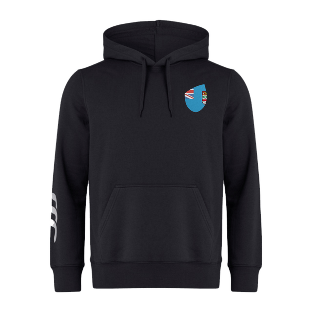The Fiji Shield Club Hoodie by EMB Canterbury boasts a black design featuring a blue shield with flag elements on the chest. Made from premium sweatshirt fleece, it showcases the Canterbury sleeve branding of three white curved lines on the right sleeve.