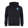 The Fiji Shield Club Hoodie by EMB Canterbury boasts a black design featuring a blue shield with flag elements on the chest. Made from premium sweatshirt fleece, it showcases the Canterbury sleeve branding of three white curved lines on the right sleeve.