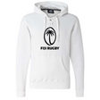 The Fiji Hockey Hoodie by WRS S&S Activewear is a white, made-to-order hoodie with a lace-up collar, featuring a black oval logo with a palm tree and "FIJI RUGBY" on the front—perfect for Flying Fijians fans.