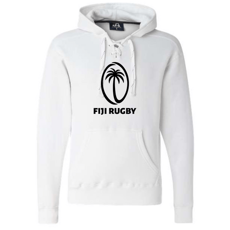 The Fiji Hockey Hoodie by WRS S&S Activewear is a white, made-to-order hoodie with a lace-up collar, featuring a black oval logo with a palm tree and "FIJI RUGBY" on the front—perfect for Flying Fijians fans.
