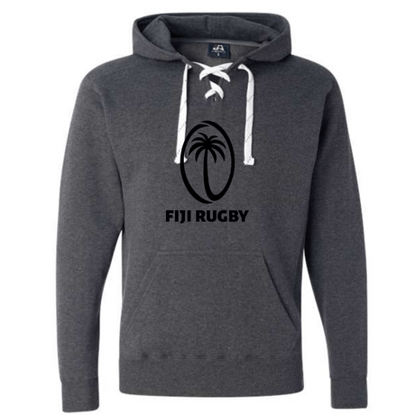 The Fiji Hockey Hoodie by WRS S&S Activewear is a dark gray, made-to-order hoodie with white drawstrings and a black oval logo featuring a palm tree and "FIJI RUGBY" on the chest—ideal for Flying Fijians fans.