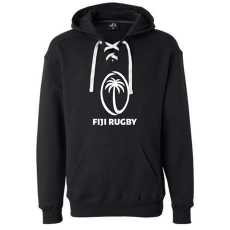 The Fiji Hockey Hoodie by WRS S&S Activewear is a black lace-up, made-to-order hoodie featuring a white palm tree logo and "Fiji Rugby" printed on the front—ideal for Flying Fijians fans.