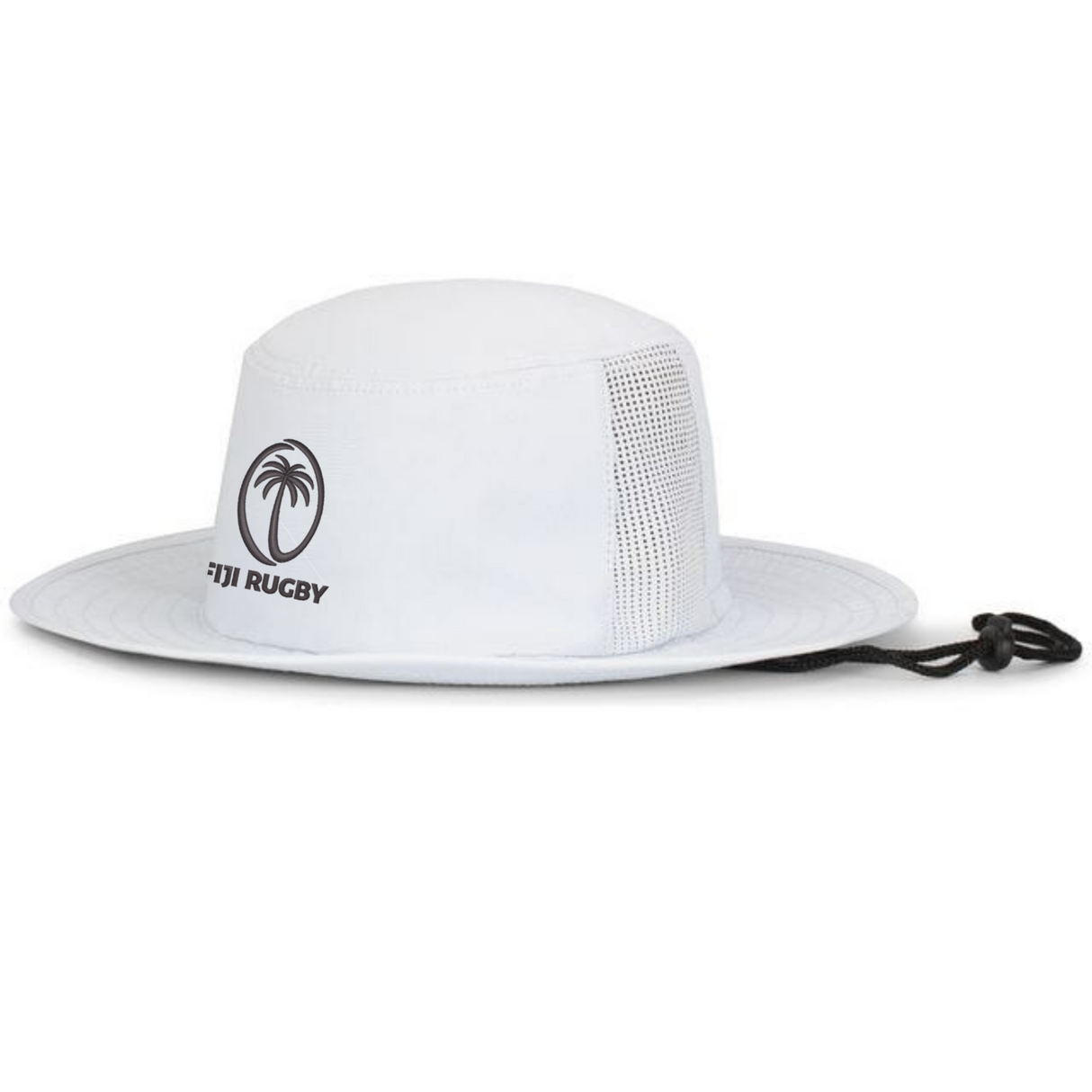 The EMB Augusta Fiji Rugby Perforated Boonie Hat features a white wide brim, mesh side panels for moisture wicking, black chin strap, and a front "Fiji Rugby" palm tree logo.