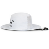 The EMB Augusta Nations of Rugby Fiji Rugby Legend Boonie Cap features a wide brim, mesh side panels, adjustable chin strap, and "FIJI RUGBY" text with a palm tree—perfect for rugby fans and supporters.