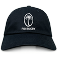 The Fiji Cotton Twill Dad Cap by EMB S&S Activewear is a black hat with the Fiji Rugby logo—a stylized palm tree in an oval—and bold white embroidered “FIJI RUGBY” team branding.