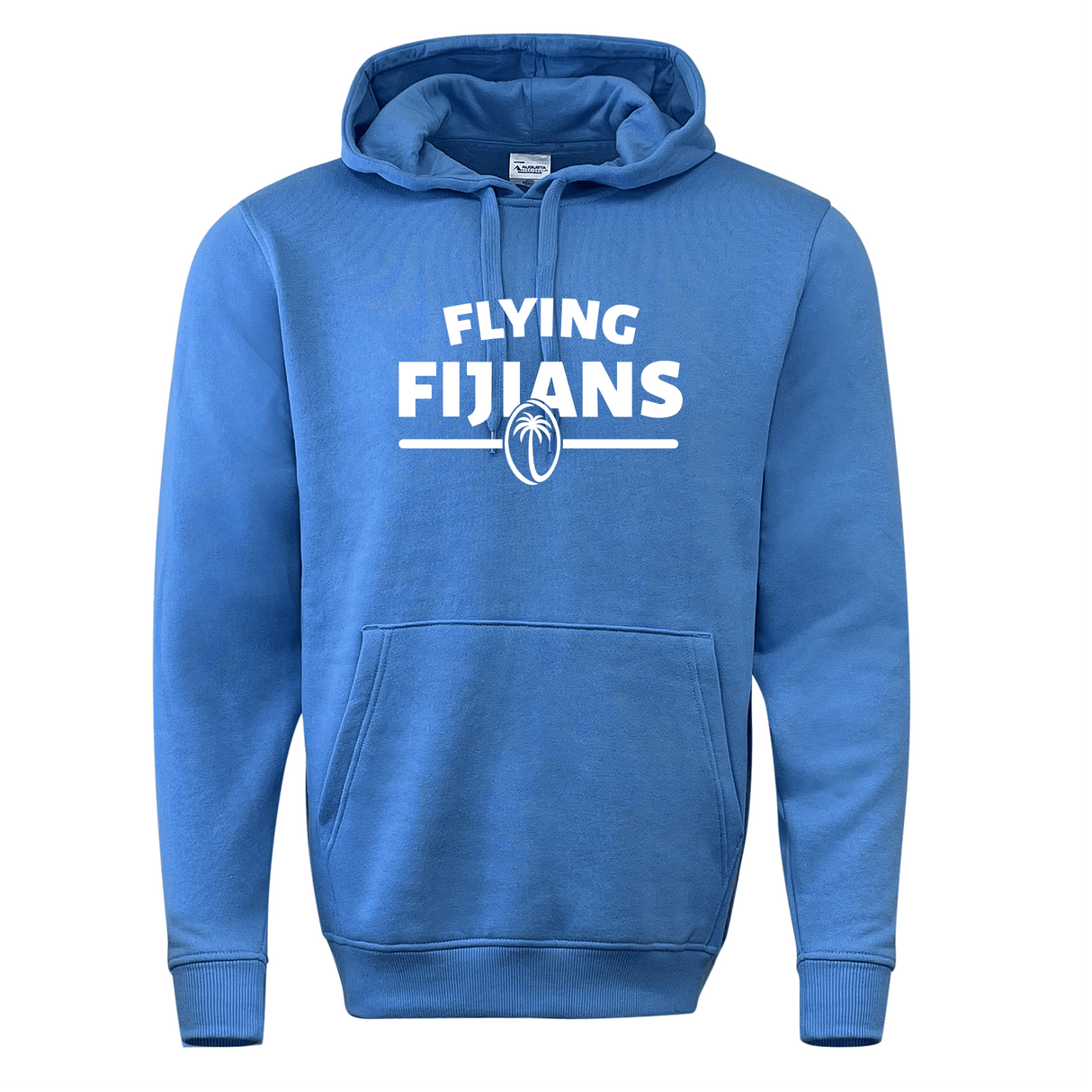 Blue Fiji Flying Fijians Wordmark Pullover Hoodie with the text "Fiji Rugby" and a rugby ball logo printed on the front by WRS Augusta.
