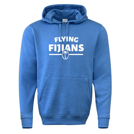Blue Fiji Flying Fijians Wordmark Pullover Hoodie with the text "Fiji Rugby" and a rugby ball logo printed on the front by WRS Augusta.