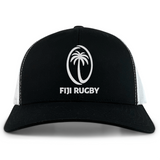 The EMB S&S Activewear Fiji Retro Trucker Cap is a black and white cap with a palm tree logo and "FIJI RUGBY" text on the front.