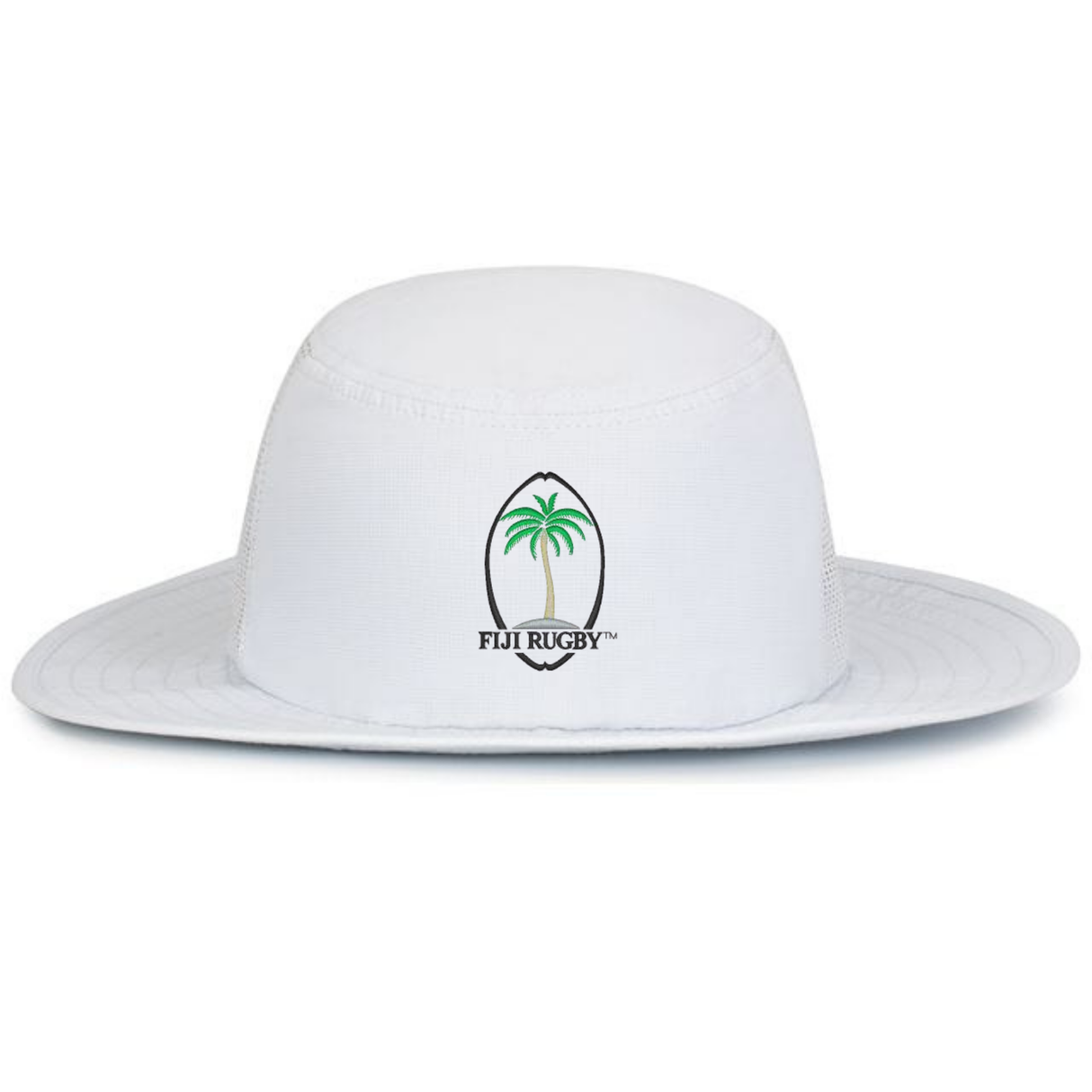Stay cool in the EMB Augusta Fiji Rugby Throwback Perforated Boonie Hat, featuring a wide brim and green palm tree with "Fiji Rugby" logo—a classic hat for sunny days.