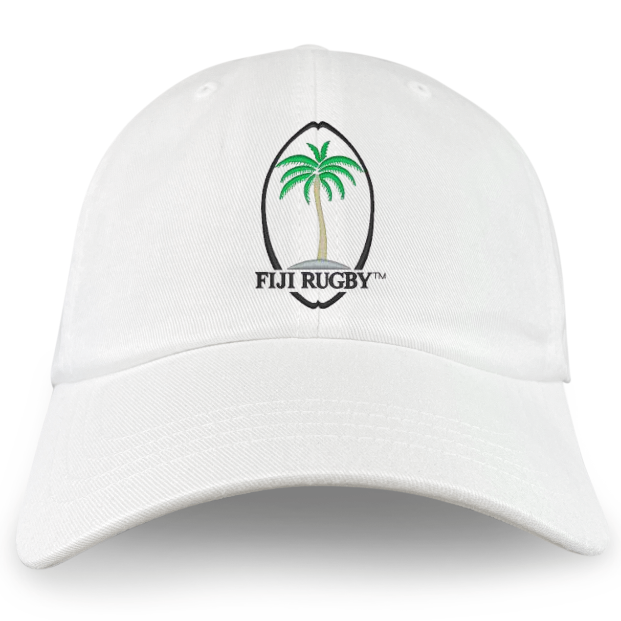 The Fiji Throwback Cotton Twill Dad Cap by EMB S&S Activewear features white cotton twill and a green palm tree with “FIJI RUGBY” embroidery on the front—ideal for fans of classic rugby hats.
